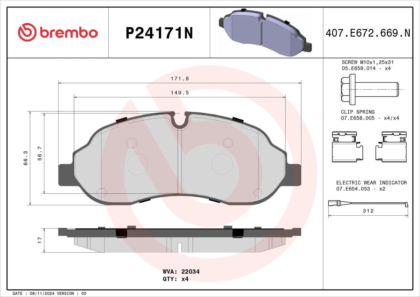 BREMBO NAO FRONT BRAKE PADS SET FORD TRANSIT 19> - P24171N