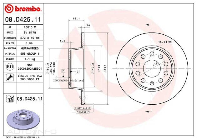 D/ROTOR RR SEA AUD SKO VW 272*10*8 SOL 10STUD 65id 58.2H - 08.D425.11