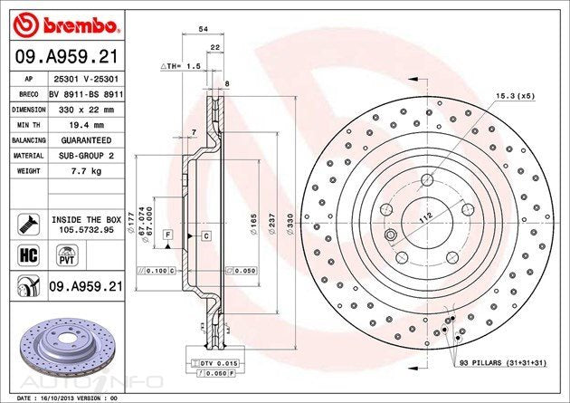 D/ROTOR RR DRILL MERC GLE ML 330*22*19.4 VENT 5STUD 67id 54 - 09.A959.21