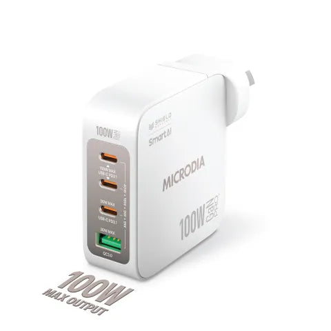 MICRODIA SmartCube Nano 100W 4-Port GaN Wall Charger â€“ Fast USB-C/USB-A Charging, White