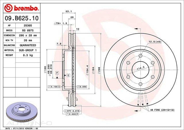 D/ROTOR FR NIS NAV D40 TER R51 296*28*26 VENT 6STUD 68id 53HT - 09.B625.10