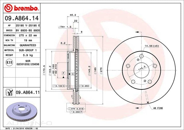 D/ROTOR FR TOY COR NZE ZRE 07> 275*22*19 VENT 5STUD 62id 46HT - 09.A864.11