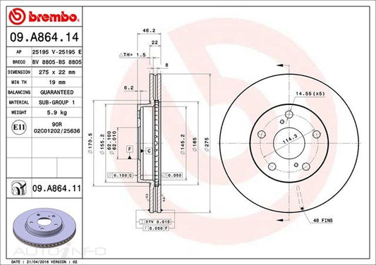 D/ROTOR FR TOY COR NZE ZRE 07> 275*22*19 VENT 5STUD 62id 46HT - 09.A864.11