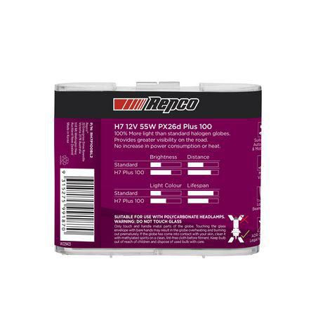 Repco H7 Headlight Bulb 12V 55W Plus 100 Bl Pk RH7P100BL2