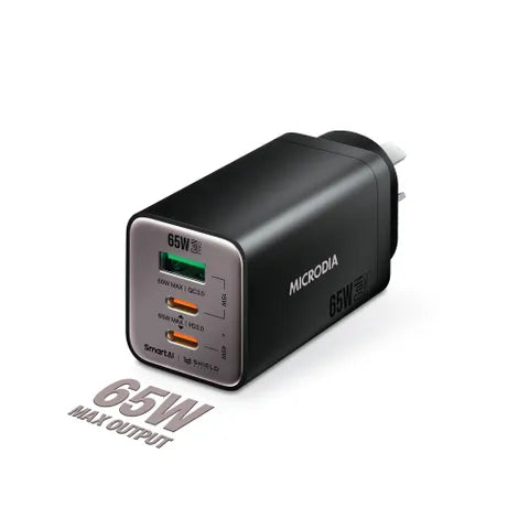 Microdia SmartCube Nano 65W Tri-Port GaN Wall Charger â€“ Black