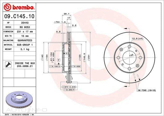 D/ROTOR FR HON JAZZ CITY LOGO 230*17*15 VENT 4STUD 61id 39HT - 09.C145.10