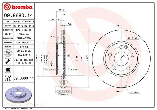 BRAKE ROTOR FRONT MERCEDES W169 A170 04> 276*22*19.4 09.8680.11