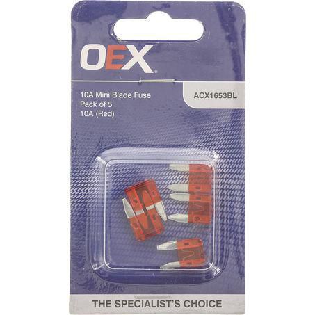 OEX Mini Blade Fuse, 10A Red - Pack of 5 - ACX1653BL