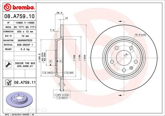 BRAKE ROTOR REAR AUDI A4 A5 Q5 06> 300*12*10 SOL 08.A759.11