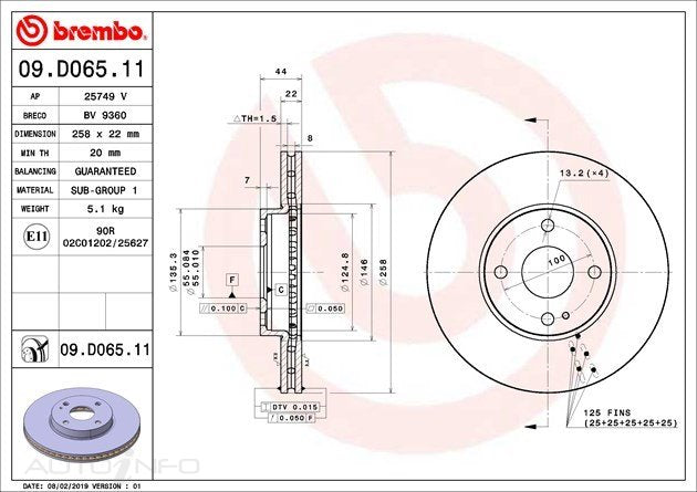 D/ROTOR FR MAZ MX5 MAZDA2 14> 258*22*20 VENT 4STUD 55id 44HT - 09.D065.11