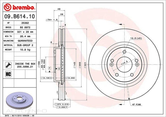D/ROTOR FR HYU SANTA FE 06> 321*28*26.4 VENT 5STUD 69id - 09.B614.10