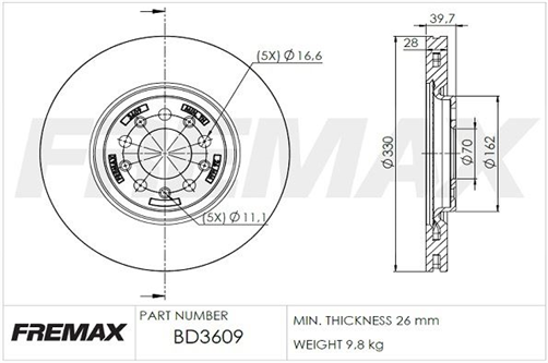 FREMAX BRAKE ROTOR VENTED EACH FRONT BD-3609