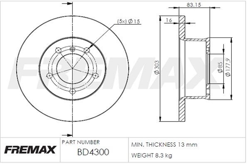 FREMAX BRAKE ROTOR SOLID EACH FRONT BD-4300