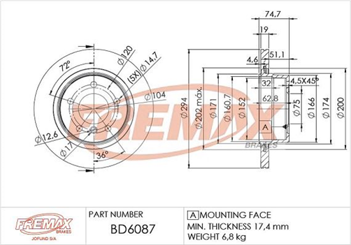 FREMAX BRAKE ROTOR VENTED EACH REAR BD-6087