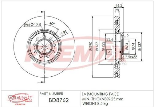 FREMAX CARBON PLUS BRAKE ROTOR IVECO FRONT 290MM BD-8762