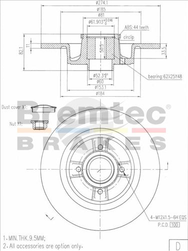 BREMTEC EURO-LINE BRAKE DISC ROTOR BDR15660EL