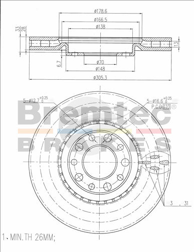 BREMTEC EURO-LINE BRAKE DISC ROTOR PAIR BDR17390EL