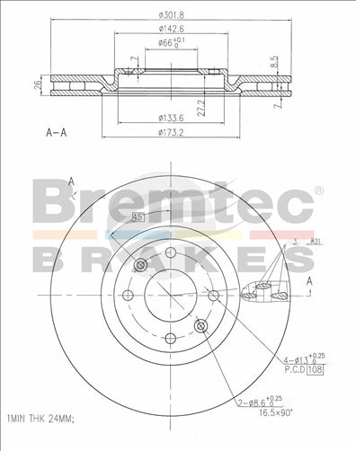 BREMTEC EURO-LINE BRAKE DISC ROTOR PAIR BDR20320EL