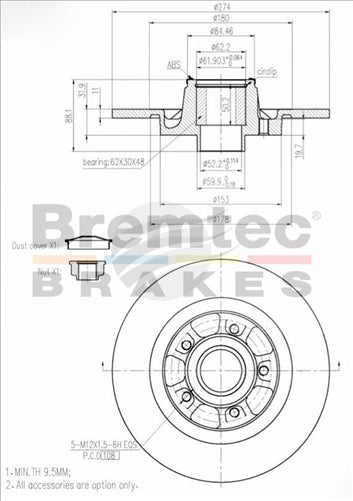 BREMTEC BRAKE DISC REAR INCL BEARING RENAULT KANGOO BDR22390EL