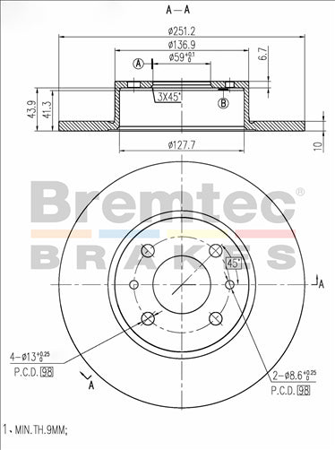 BREMTEC EURO-LINE DISC ROTOR PAIR BDR3890EL