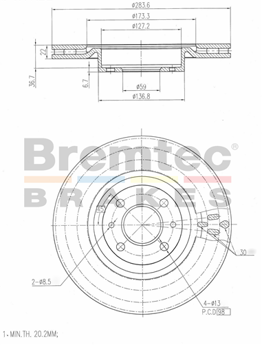BREMTEC EURO-LINE BRAKE DISC ROTOR PAIR BDR6160EL