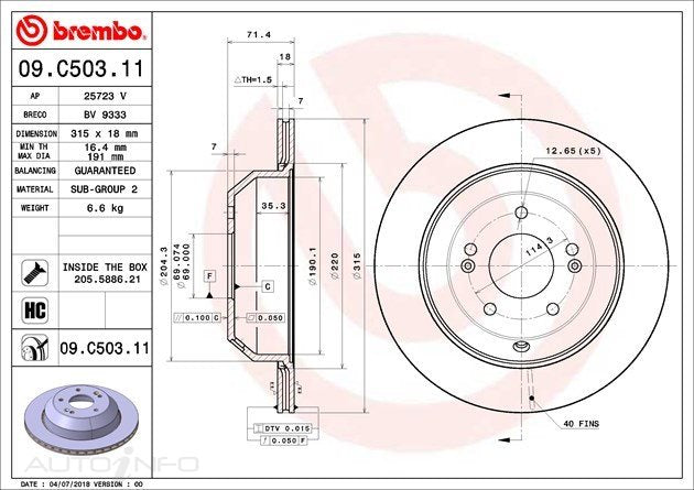 BRAKE ROTOR REAR  KIA SORENTO 15> 315*18*16.4 VENT 09.C503.11