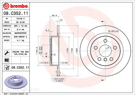 D/ROTOR RR BMW MINI 280*10*8.4 SOL 5STUD 67id 50.5 - 08.C352.11