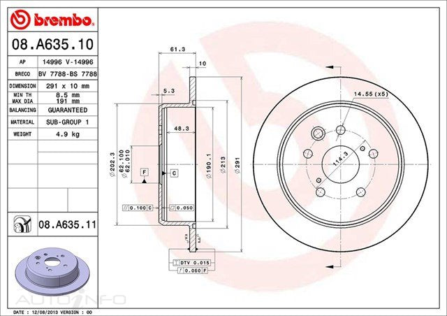 BRAKE ROTOR REAR SUITS LEXUS IS250 05 189H/B 291*10*8.5 SOL