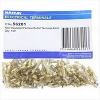 Narva CRIMP TERMINAL FEMALE BULLET BRASS TERMINAL ENTRY 4MM 100 PCE