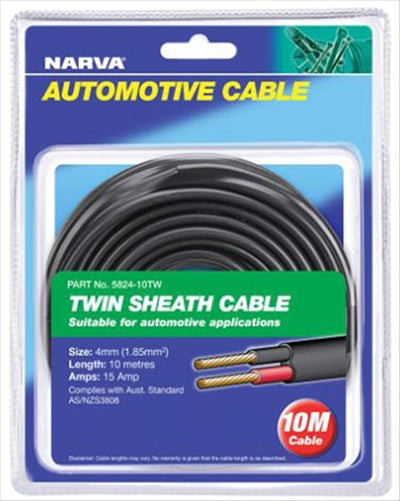 Narva 4mm Twin Core Automotive Cable Red/Black With Black Sheath 10M