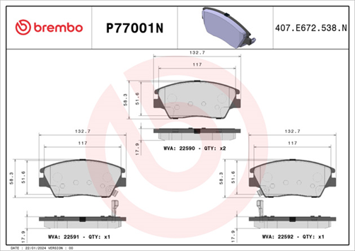 Brembo FRONT BRAKE PADS SSANGYONG TIVOLI 2015 P77001N
