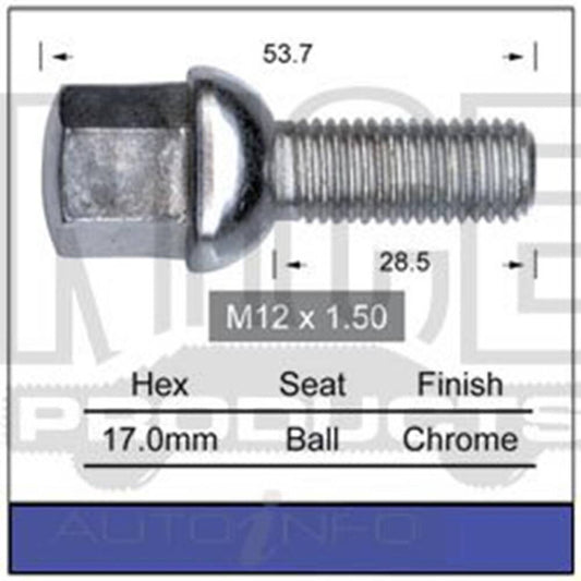 WHEEL BOLT M12X1.5 17mm HEX CHROME MERC SSANG SEAT VW - MB353