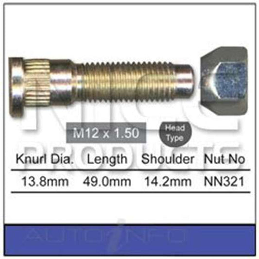 STUD & NUT THREAD 12X1.5mm NUT 13.8mm LENGTH 49mm SHOULDER 14.2mm NS386