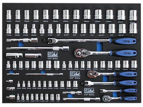 SP Tools 84pc Metric/SAE EVA Foam Tray-Socket & Accessories Included