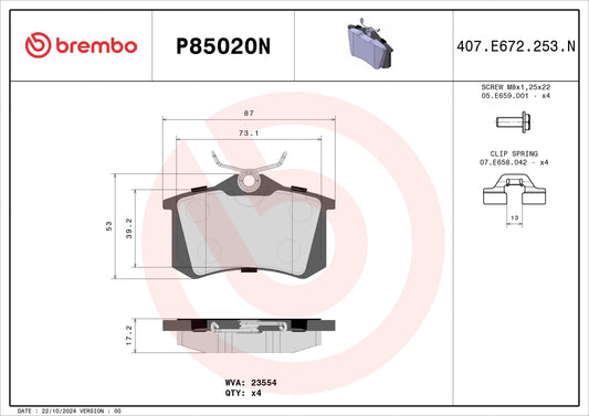 BREMBO NAO REAR BRAKE PAD SET AUDI VW VAG - P85020N