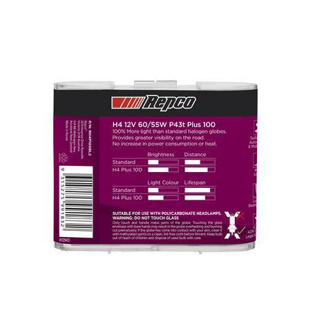 Repco H4 Headlight Bulb 12V 60/55W Plus 100 RH4P100BL2
