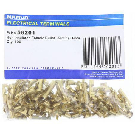 Narva CRIMP TERMINAL FEMALE BULLET BRASS TERMINAL ENTRY 4MM 100 PCE
