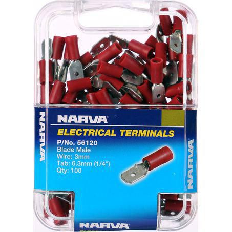 Narva Crimp Terminal Male Blade Red Terminal Entry 6.3 x 0.8mm Vinyl 100 Pce