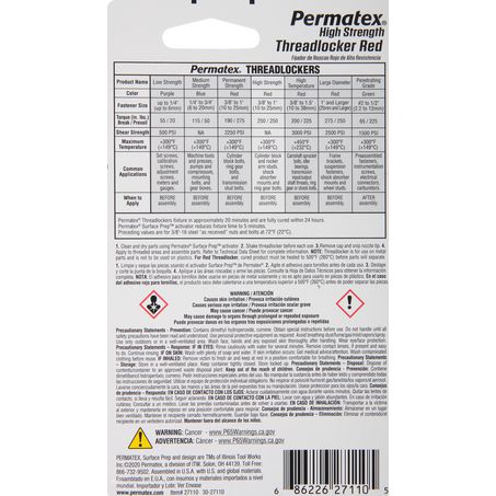 Permatex High Strength Threadlocker Red 10ml PX27110