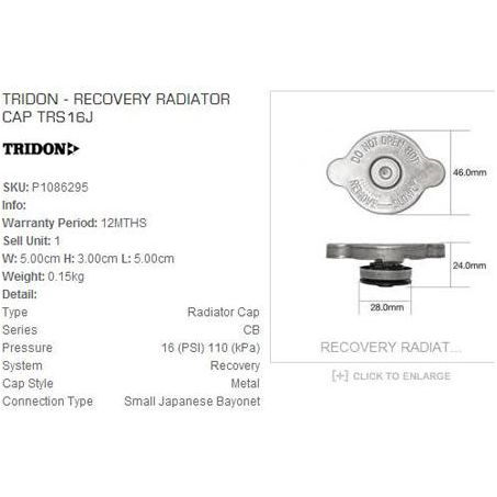 Tridon Radiator Cap 16 Psi - 110 kPa Metal Bayonet TRS16J