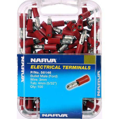Narva Crimp Terminal Male Bullet Red Terminal Entry 4mm Vinyl 100 Pce