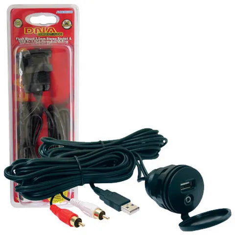 USB Extension with Flush Mount Socket | 3.5mm AUX to RCA Plugs | Panel Mount Adapter