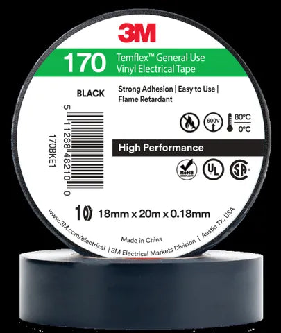 3M Temflex 170 PVC Electrical Tape | 18mm x 20m | Black | 10-Pack